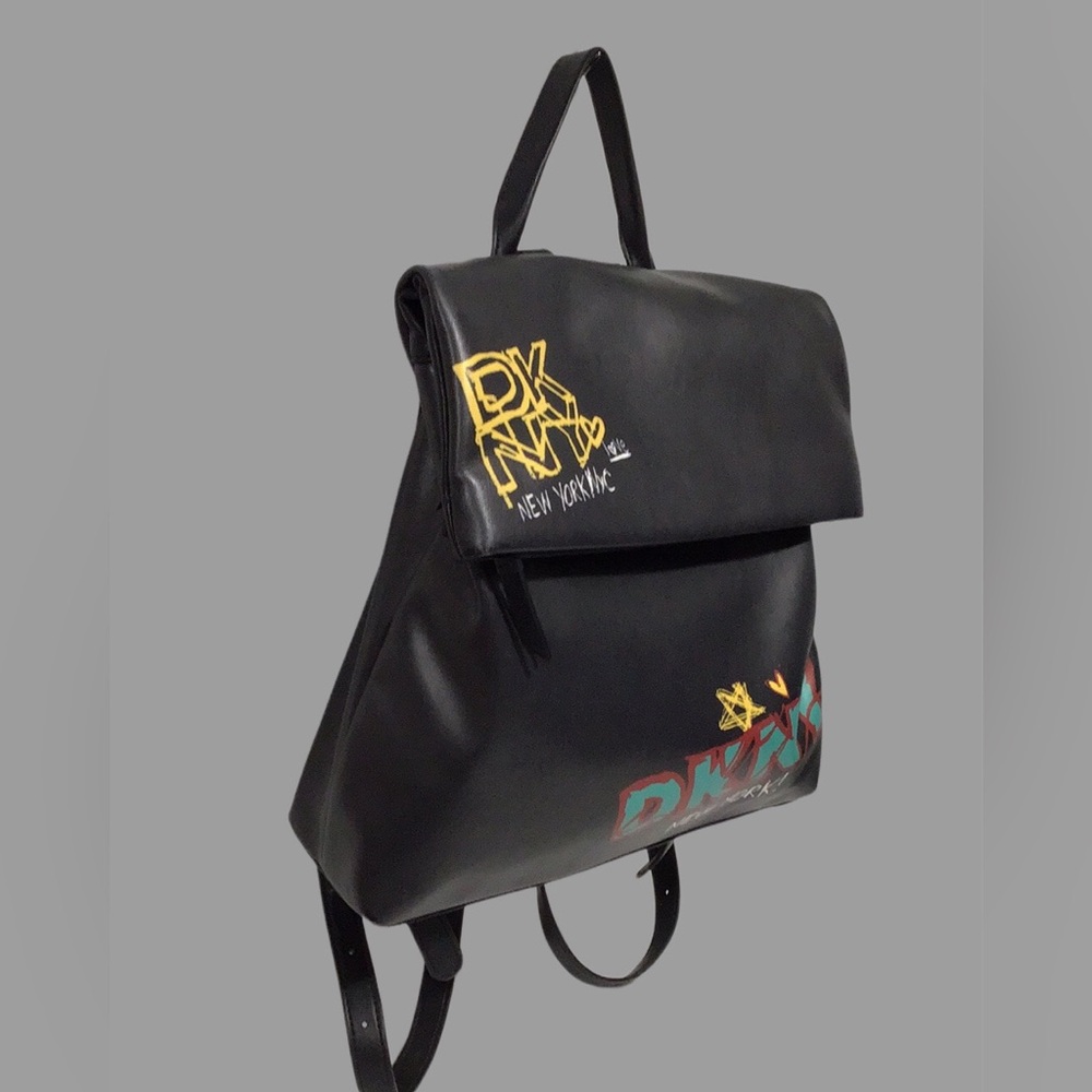 DKNY Tilly Graffiti Fold-Over Backpack, Faux Leather, Graffiti Logo Print, Black - Picture 2 of 12